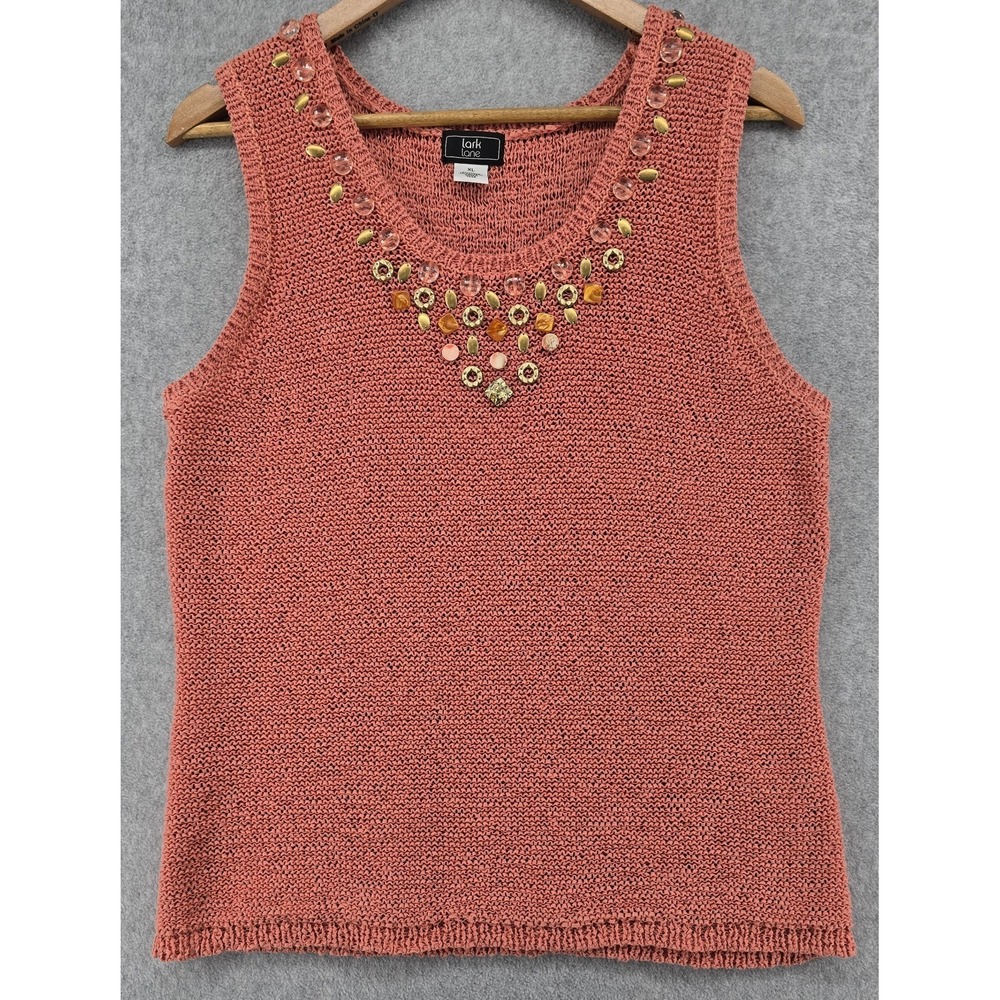 Lark Lane Salmon Beaded Tank Top Sz XL‎ Chunky Ribbon Knit Beaded Office Dressy